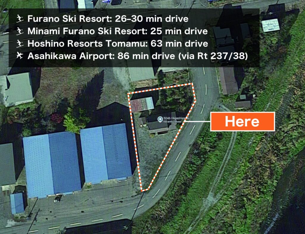 Vicinity map showing driving times from the property to major Furano ski resorts.
