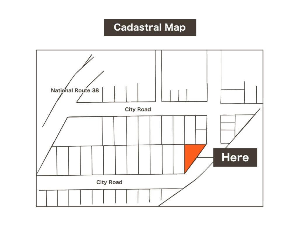 富良野市東山地籍圖，標示位於國道 38 號附近的 160 坪角地。