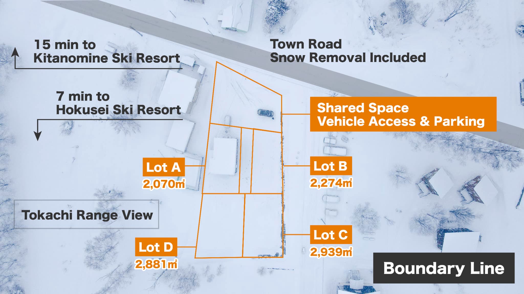 Furano land plot map English version with Lot A-D sizes, shared space, Tokachi Range view, ski resort access