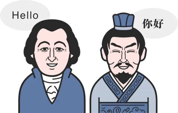 「Hello」「你好」と挨拶しているイラスト