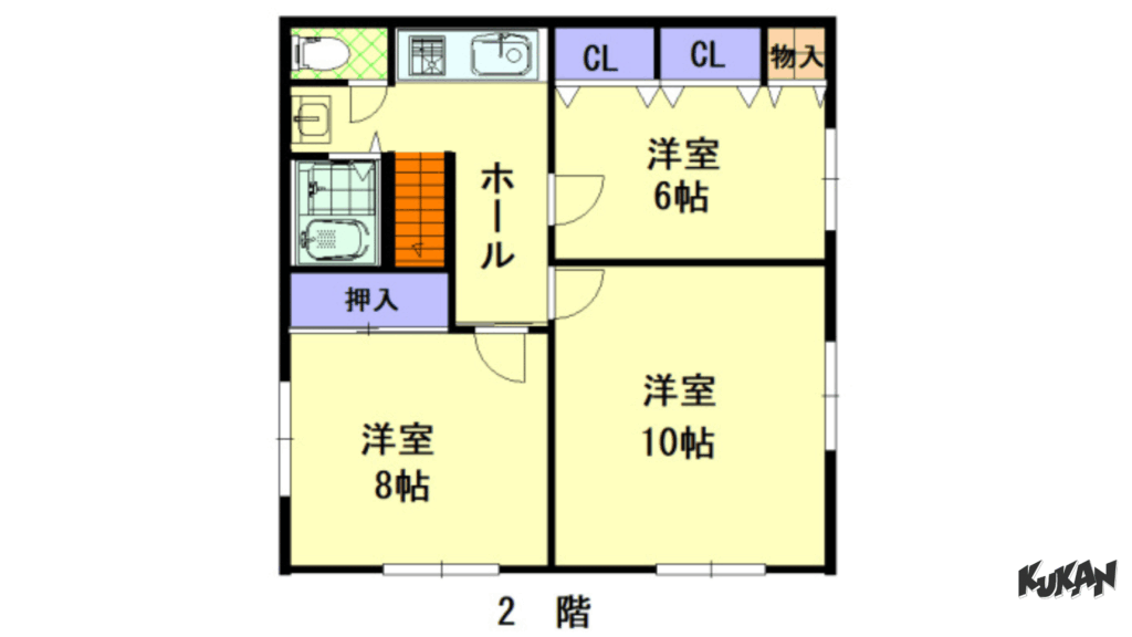 中富良野 中古戸建 2階間取図｜洋室と水回りを含む独立した客室フロア